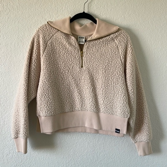 VS PINK Cream Sherpa Quarter Pullover Small EUC - Picture 1 of 5